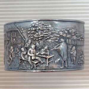 Vintage Hans Jensen Denmark Silverplate Repousse Tavern Scene Wide Cuff Bracelet